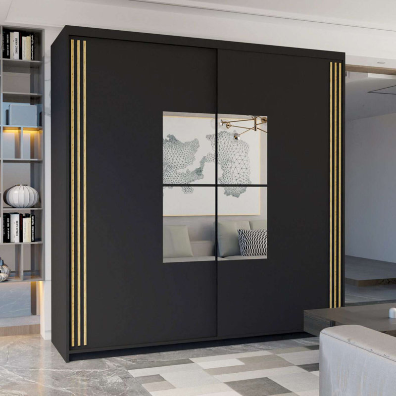 Andorra Sliding Door Wardrobe with Mirror – Modern Bedroom Storage in 2 Sizes & 4 Colours, Black, 220cm H x 253cm W x 62cm D
