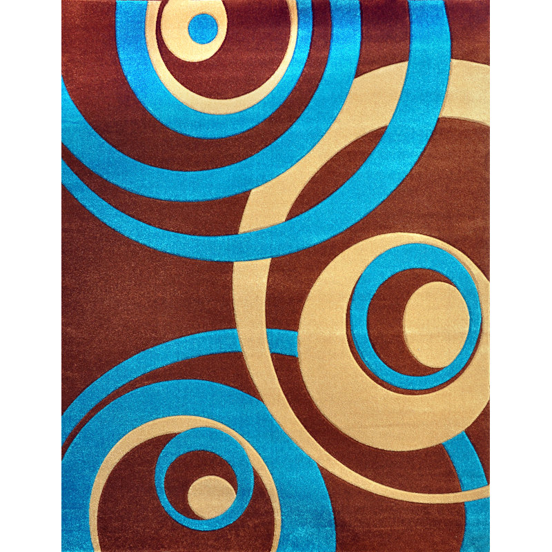 Tapis turquoise/brun tissé à la machine Melfa, Tapis de couloir 2 pi 7 po x 14 pi 6 po