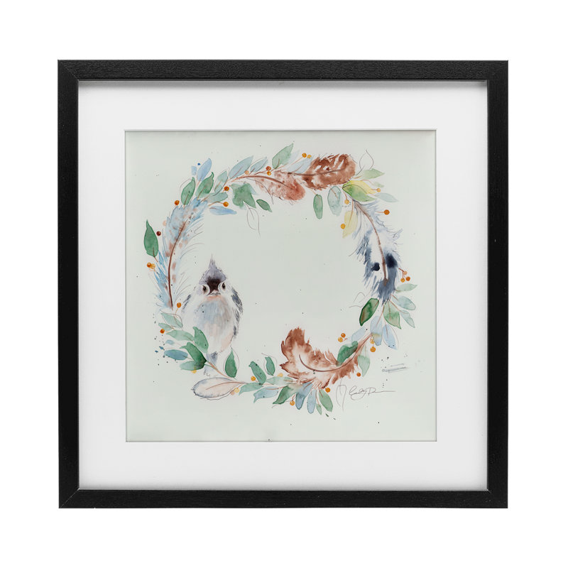 «Wispy Bird & Botanical Wreath», reproduction encadrée sous verre, conception de Cady, H 13 po x l 13 po, Cadre noir minuit