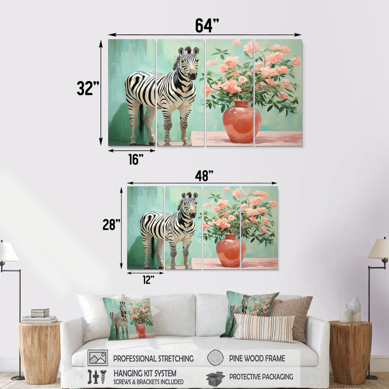 Rose et vert floral zèbre IV - Zèbre, art mural 4 pièces, H 28 po x l 48 po
