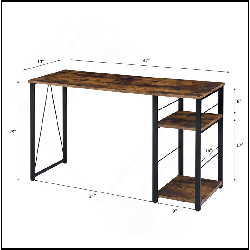 Rectangular Writing Desk With 2 Tier Shelf, Ancient Oak/Black