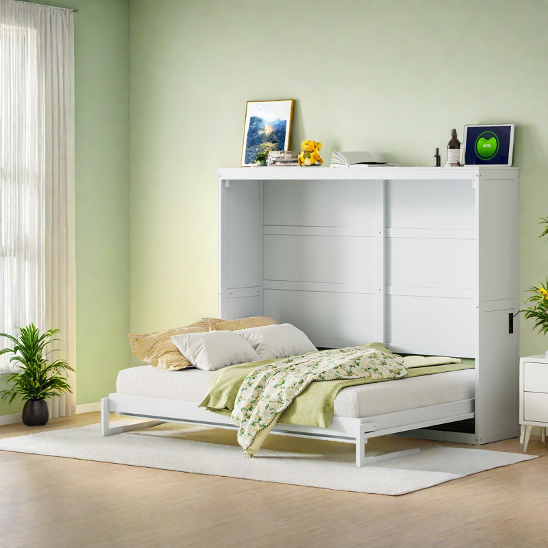 Queen Size Murphy Bed Wall Bed, White, Queen