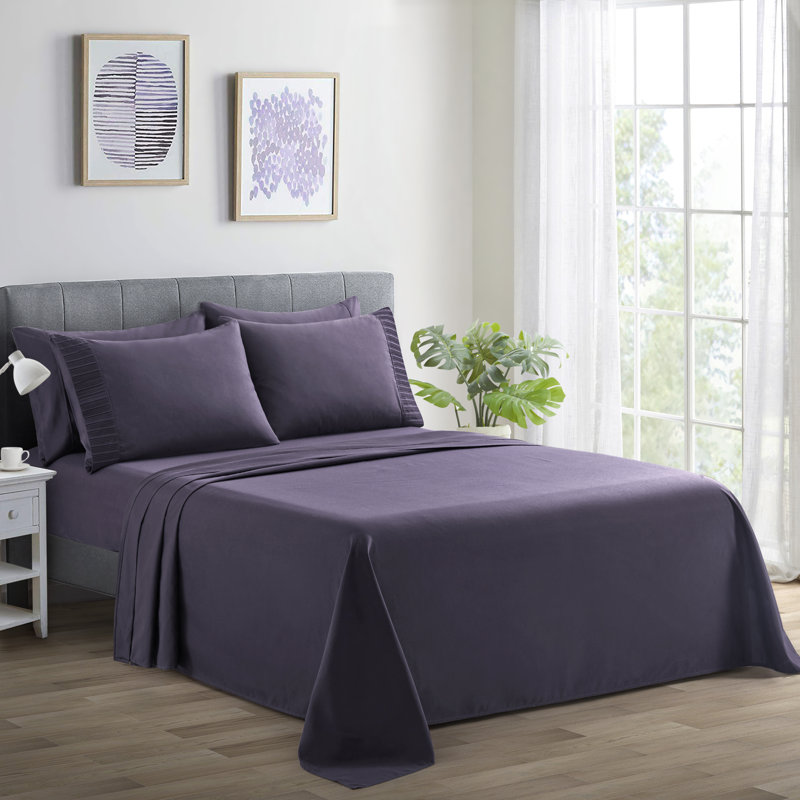 Ensemble de draps plissés en rayonne de bambou toutes saisons 4 pièces avec 2 taies d'oreiller, aubergine, de taille simple / simple, par Marina Marina Home Bedding Essentials