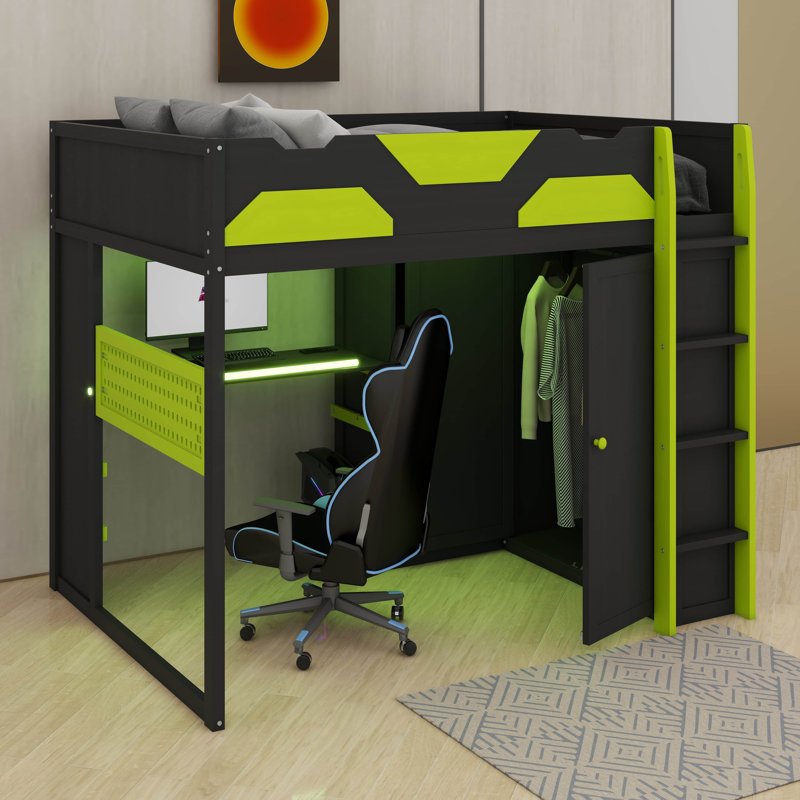 Lit mezzanine double en bois avec bureau, tablettes multiples, lumière USB et RVB, Vert
