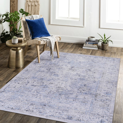 Tapis 5 x 8 pour la vie quotidienne - Lavable, antidérapant, antidérapant, pliable, à poils courts et bleu + crème pour la cuisine