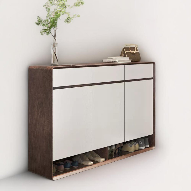 Solid Wood Shoe Cabinet One Household 20 Pair Shoe Storage Cabinet, White/Dark Brown