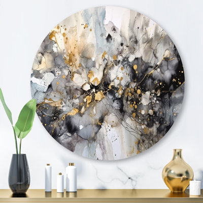 Grey Gold Delicate Abstract Brushstrokes II - Abstract Marble Round Wall Art on Metal