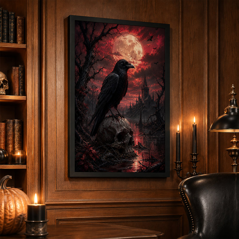 " Raven Perched On Skull Near Gothic Castle Under Halloween " Painting Print, H 18 po x l 12 po