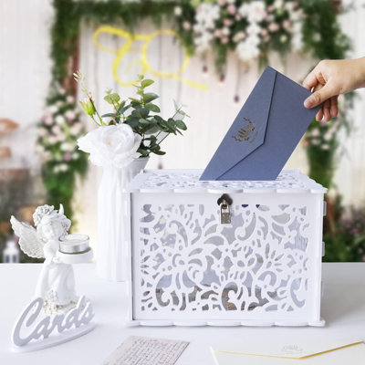 White PVC Gift Card Box with Lock - DIY Wedding & Party Money Envelope Card Box for Reception