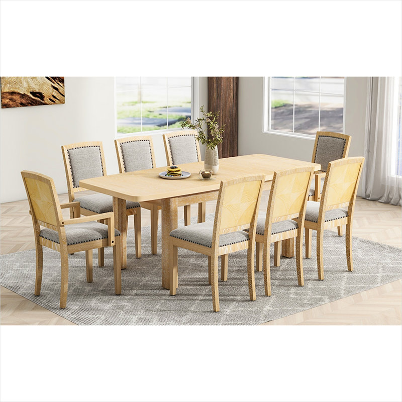 Ensemble de table de salle à manger extensible avec 6 chaises rembourrées et 2 fauteuils, finition brun naturel et sièges gris doux, fabrication en bois d'hévéa