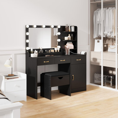 Vanity Desk with Mirror and Lights, Makeup Vanity Set with Power Outlet, Storage Stool, 3 Drawers and Shelves Dressing Table for Bedroom