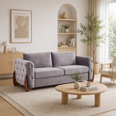Ensemble de 2 canapés classiques en velours de 213 cm (84 po), canapé capitonné avec pattes en bois courbées, accoudoirs incurvés, deux coussins de dossier et deux coussins d'assise