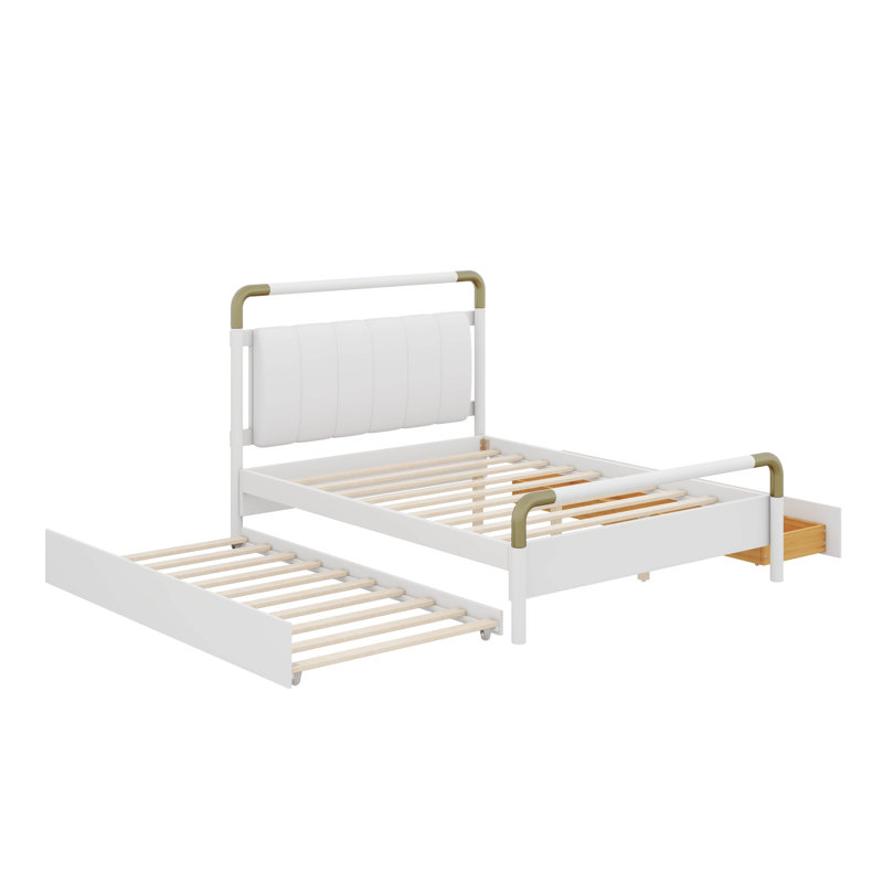 Grand lit plateforme en bois avec rangement, 2 grands tiroirs et un lit gigogne coulissant T-XL, Blanc