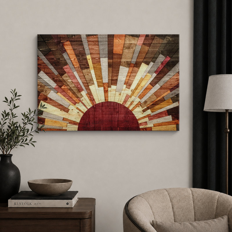 «Western Wood Effect Landscape Brown Sun Rays», impression rustique sur toile encadrée, H 32 po x l 48 po, Toile tendue