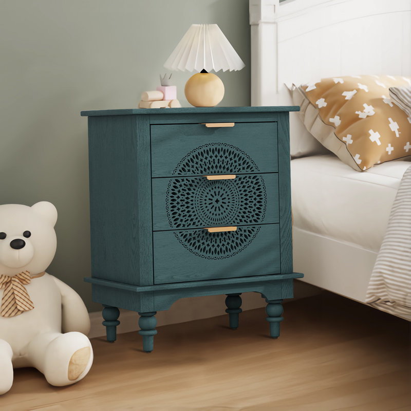 Hollow-Carved 3 Drawer Dresser Storage Chest with Metal Handles, Nightstand For Living Room Bedroom