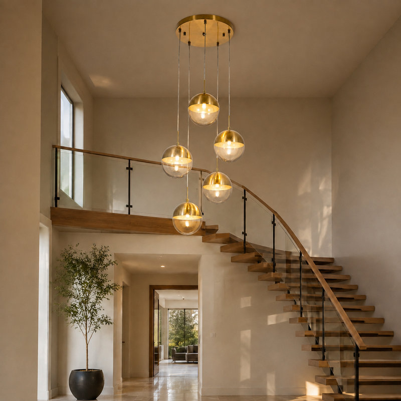 5 - Light Dimmable Globe Chandelier with Brush Gold Finsh