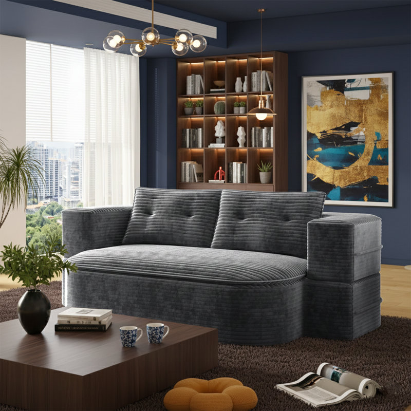 Canapé-lit en velours côtelé de 78,7 po avec couverture à fermeture à glissière intégrée - Canapé-lit convertible avec 2 coussins - Canapé paresseux sans assemblage