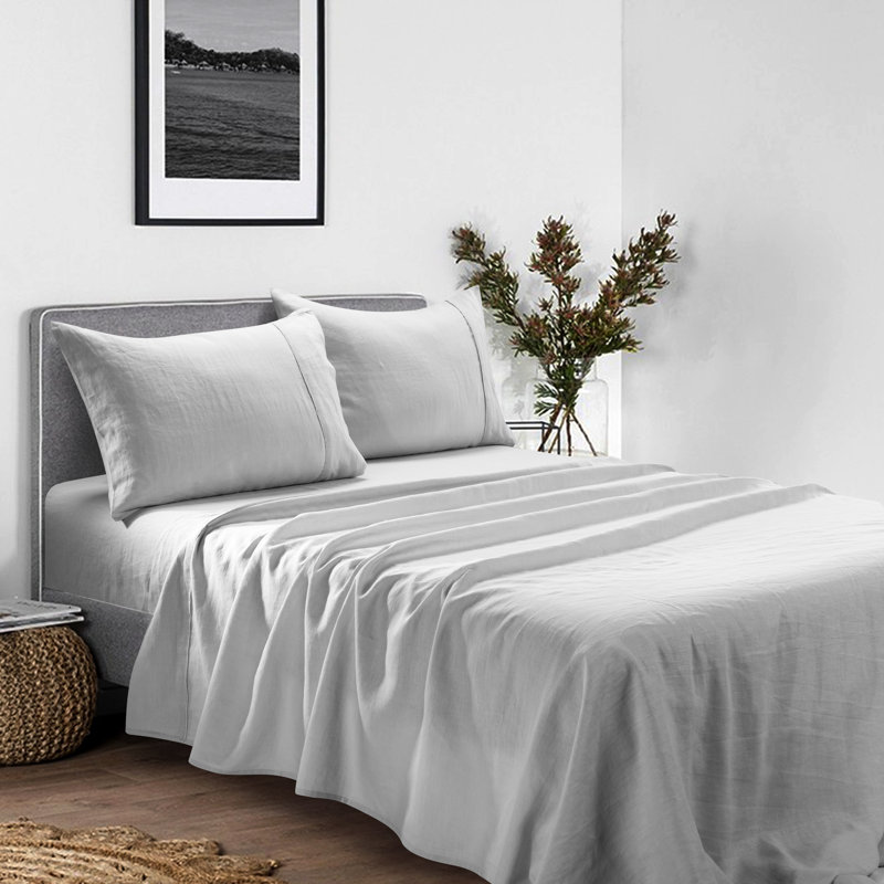 Stone Washed Pure Linen Sheet Set, Fitted Sheet 16" Pocket, King Case Pack + 1 Fitted Sheet + 2 Pillowcases, Silver Gray