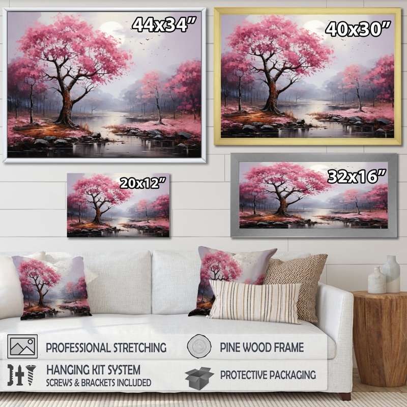 Bethy Pink Forest Eernal Resilience Pointillism - impression, H 30 po x l 40 po x P 1,5 po, Cadre flottant noir