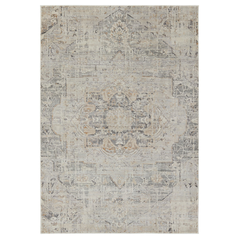 Tapis oriental gris / beige en polypropylène tissé à la machine Rectangle Toilon, Rectangle 10 pi x 14 pi