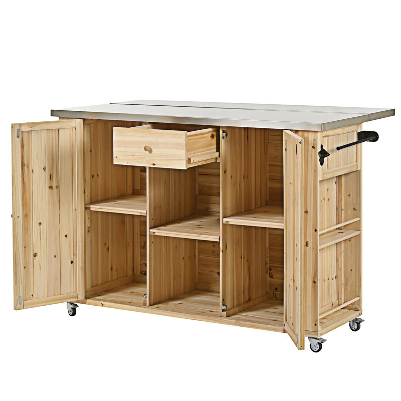 Îlot de cuisine extérieur en bois de sapin avec plateau en acier inoxydable, Bois naturel
