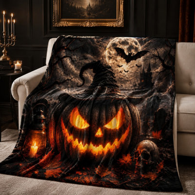 Couverture polaire Halloween Jack-o-Lantern, jeté de lit citrouille et chapeau de sorcière effrayant pour canapé, chambre, salon, décoration intérieure