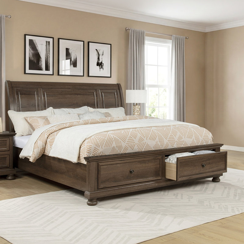 1pc Riche finition noyer lit plateforme avec tiroirs de rangement et meubles de chambre à coucher en bois massif en bois brun moderne contemporain transitionnel