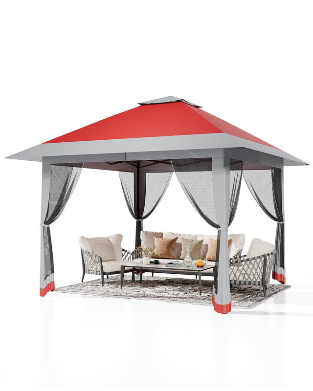 4m x 4m Pop Up Gazebo with Mosquito Net, Waterproof Double Roof Garden Shelter with Carry Bag, Red
