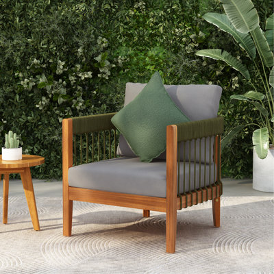 Chaise de patio, bois, corde tissée à la main, courbée, coussins imperméables amovibles toutes saisons, structure, confort facile d'entretien, structure