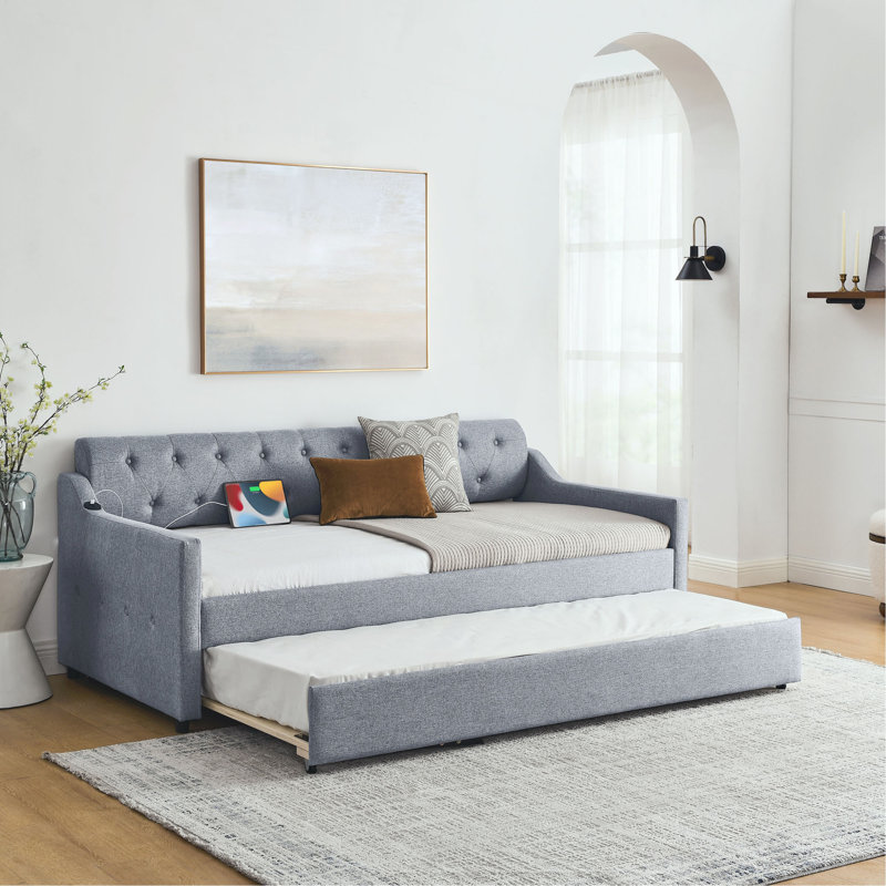 Twin Size Upholstery Daybed With Twin Size Erectable Trundle And USB Charging Design, Linen Grey