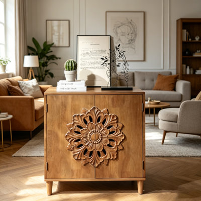 Armoire de rangement rustique à 2 portes en bois sculpté à la main rustique avec motif floral, buffet en bois massif pour le salon, l'entrée ou la chambre à coucher