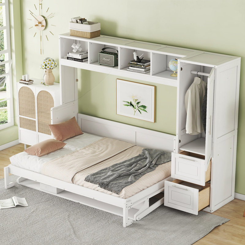 Lit escamotable mural avec placard et tiroirs Murphy, Double, Blanc