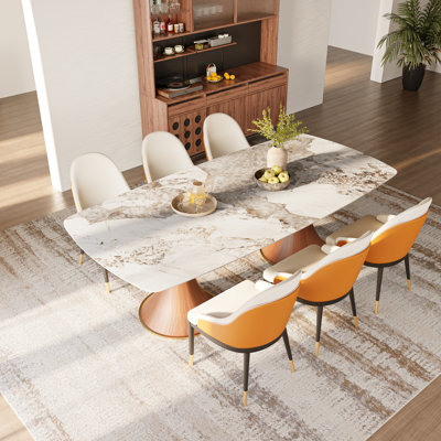 6/8/10 Seats Rectangular Dining Room Set, Stone Rectangular Dining Table, Double Solid Wood Pedestal With Upholstered PU Leather Chairs