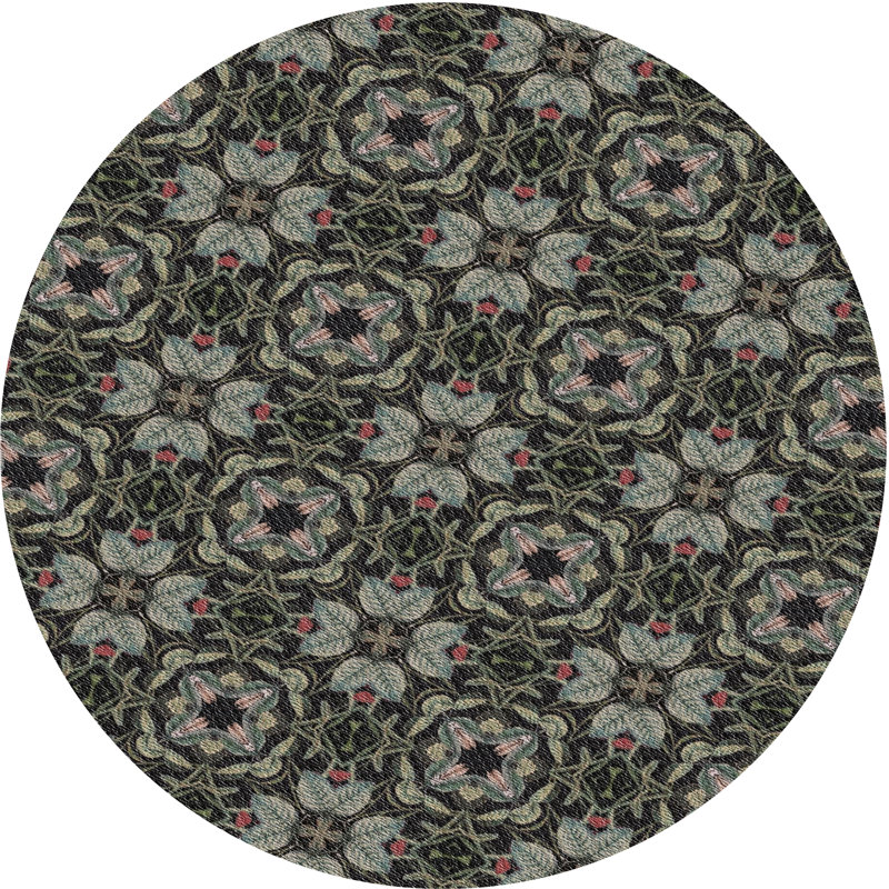 Tapis olive à motifs/jaune, Rond 5 pi
