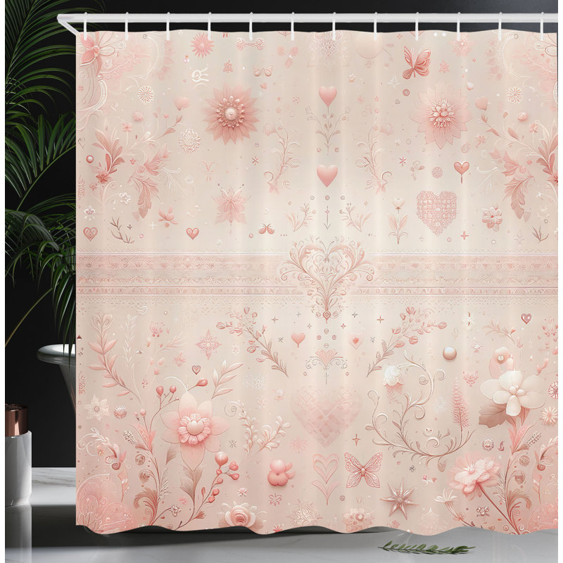 Pale Salmon Floral Fabric Shower Curtain with Hooks