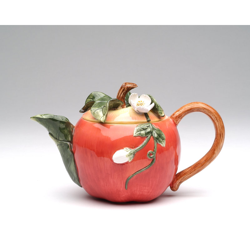 Hand-Painted Red Ceramic Apple Teapot with Floral Design