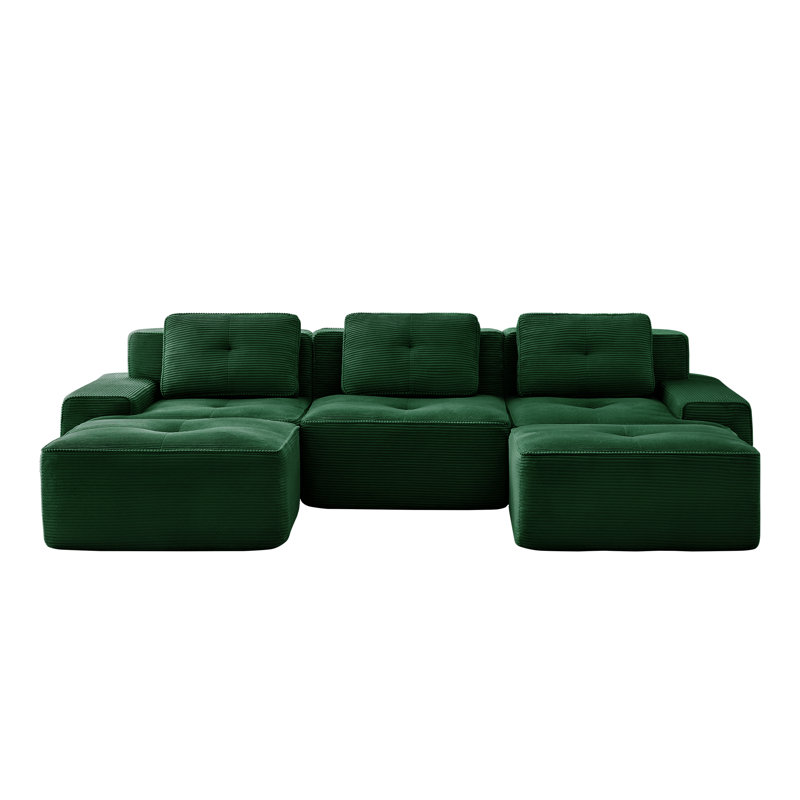 117" Modern U-Shaped Modular Sectional Sofa For Living Room, Corduroy Fabric, 3-Seater Couch With Deep Seat And Movable Ottoman,Pearl-Like Piping, Tufted Design,No Assembly, Anti-Slip Design​