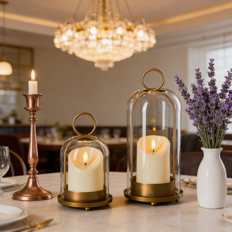 Brass Hurricane Candle Holders Set Of 2 With Glass Domes, For Pillar Candles And Plants, Gold