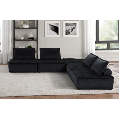 Pocket Coil Springs Sectional In Black Velvet With 29.79 In. Height And 118.47 Width 5 Pc 120" Seat Foam