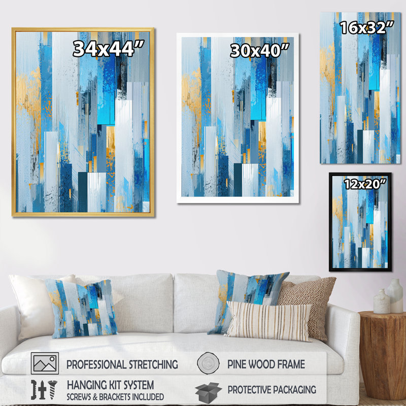 «Contemporary Bluebell Bold Stripes», reproduction d'art abstrait mural, H 32 po x l 24 po x P 1 po, Cadre flottant doré