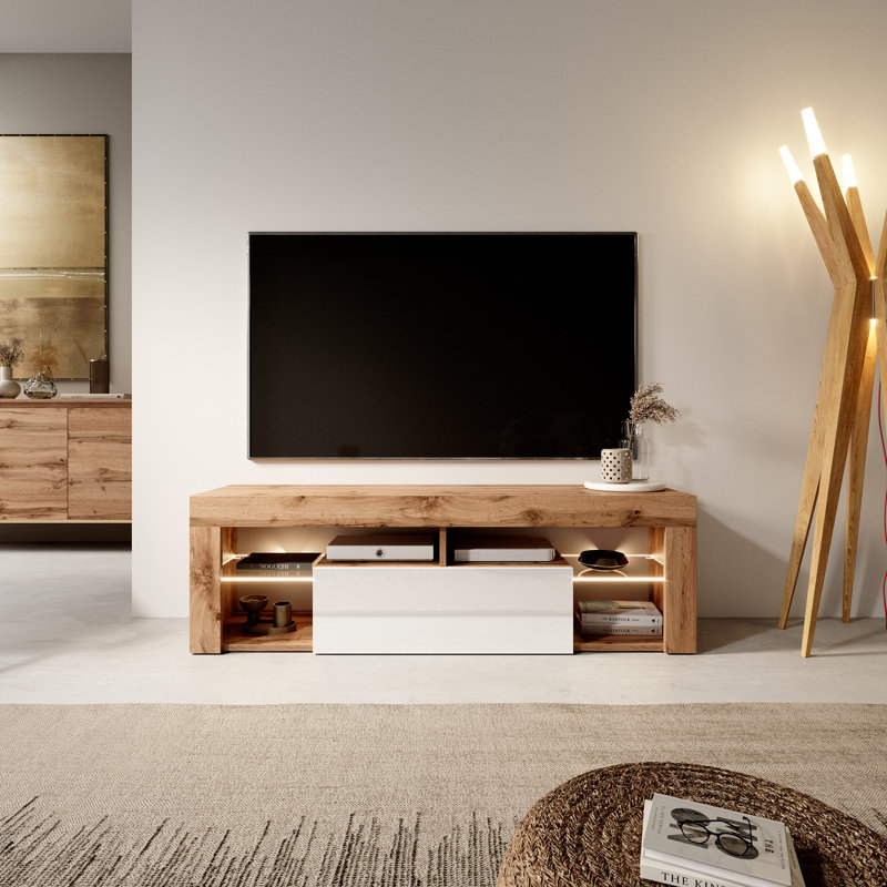 Alarica TV Stand for TVs up to 50'' with LED Lighting, Oak/White Gloss, Yes