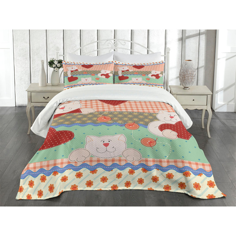 Ambesonne Shabby Flora Bedspread Teddy Bears Multicolor, 2 Queen Bedspread + 2 Standard Shams