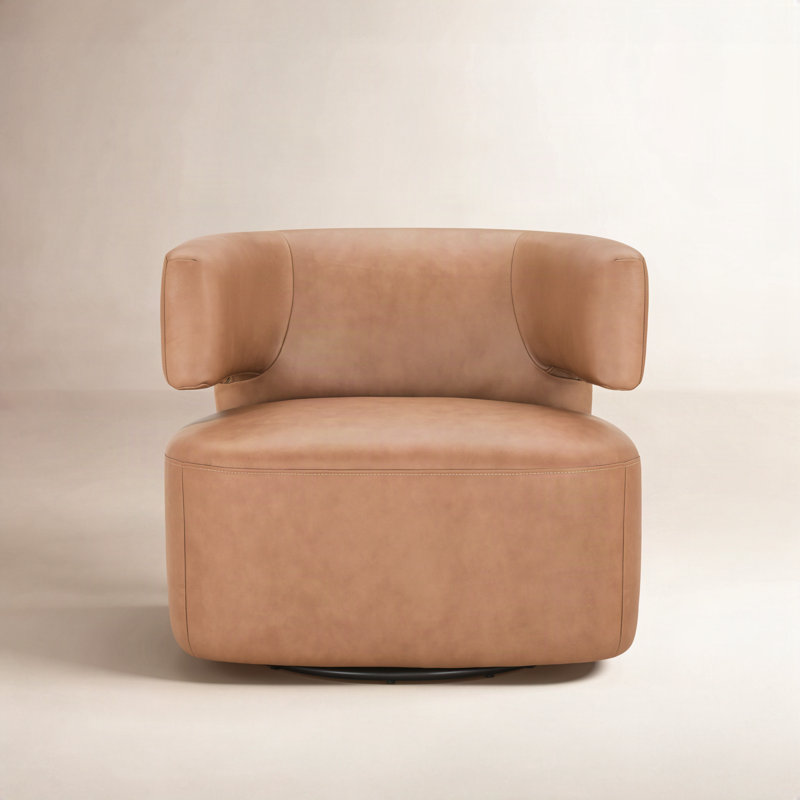 Bascom Genuine Leather Upholstered Swivel Barrel Chair, Aline Butternut