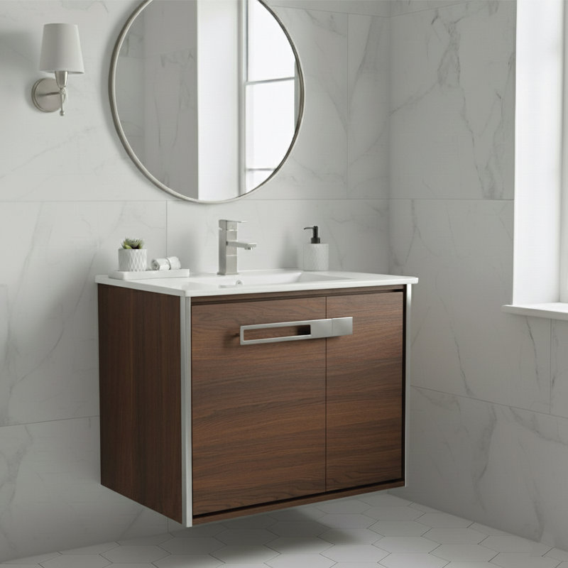 24'' Single Bathroom Vanity with Vitreous China Top, Polished Chrome, Walnut Ebony