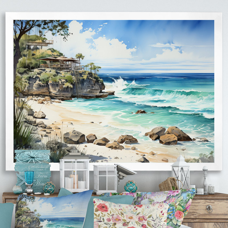 Cancun Beach Resort I - reproduction sur toile, H 24 po x l 32 po x P 1 po, Cadre photo blanc