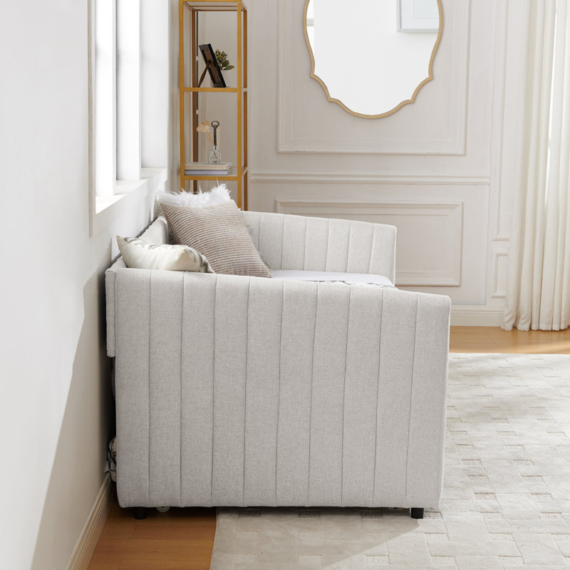 Twin Size Daybed with Trundle Upholstered Sofa Bed, with Vertical Stripes, Linen Fabric, Beige, Twin