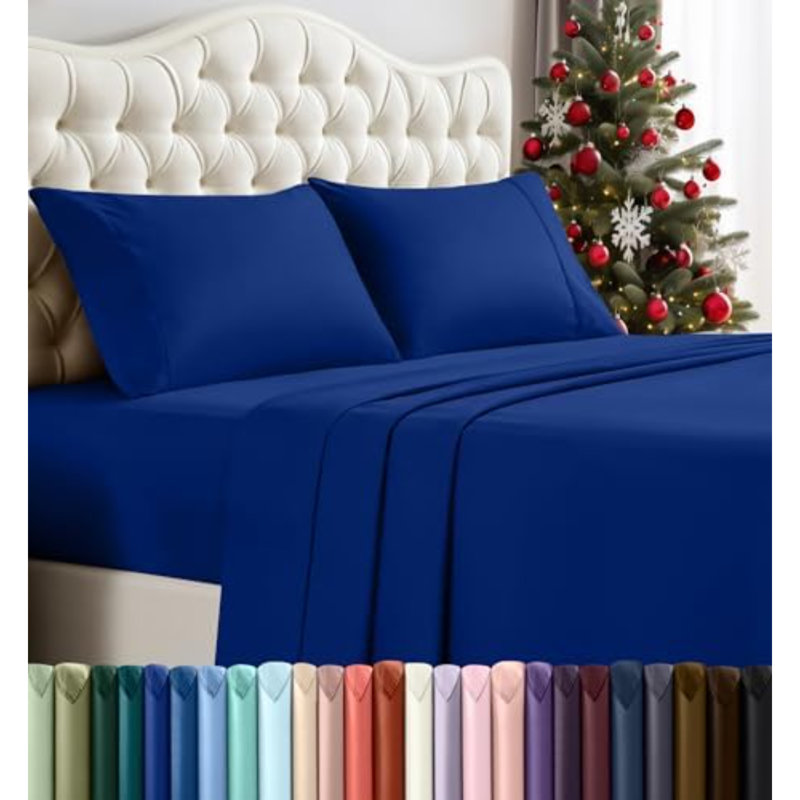 Ensemble de draps pour grand lit - 4 draps pour grand lit, microfibre douce et respirante, comprend 1 drap-housse, 1 drap plat et 2 taies d'oreiller (bleu royal)