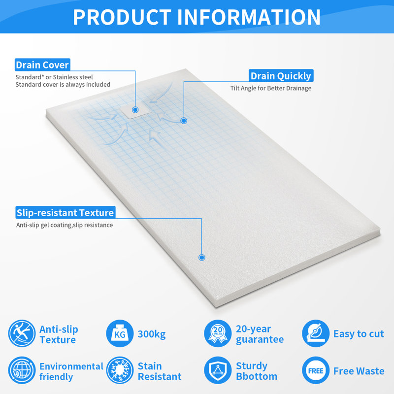 Slip-Resistance 32mm H Square White Shower Tray, 3.2cm H x 90cm W x 140cm D