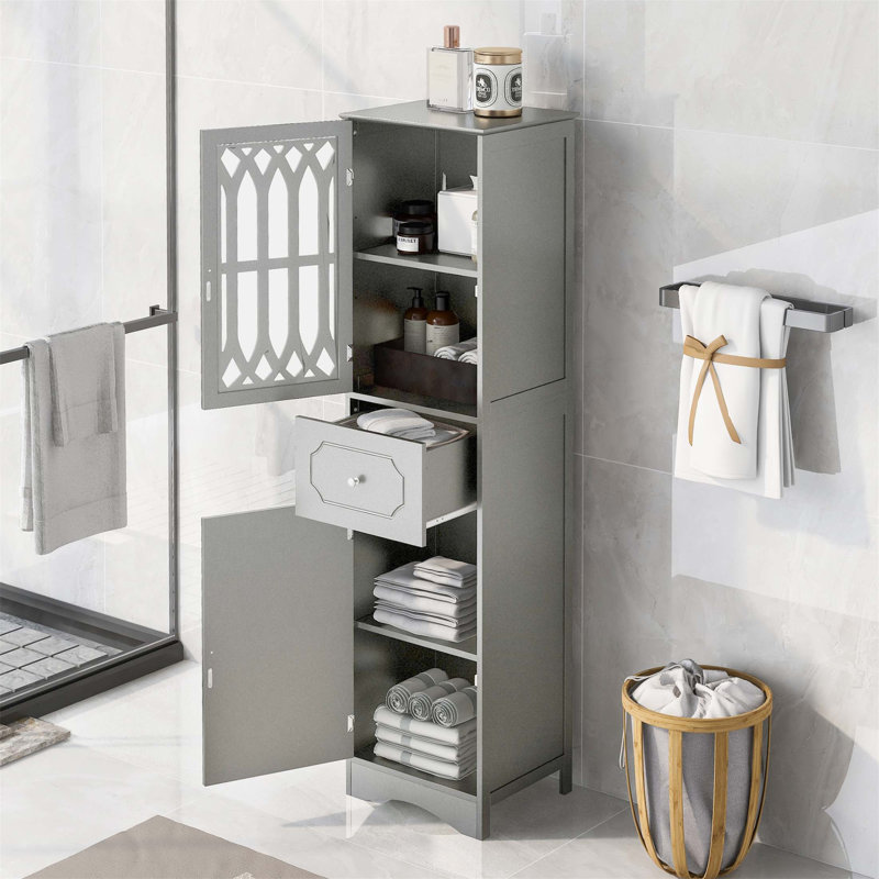 Grande armoire de salle de bain autoportante avec tiroir, portes et tablette réglable pour un rangement spacieux et un design moderne