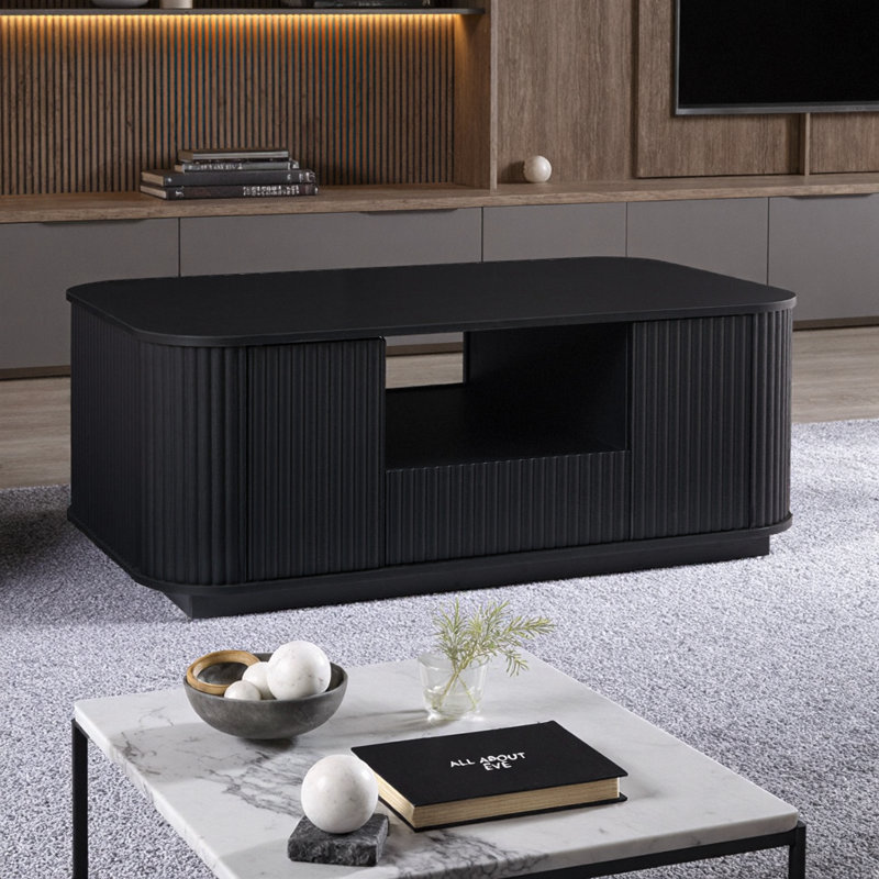 Table basse ovale de luxe moderne avec tiroirs et rangement, conception courbée pour les salons et les bureaux, Noir